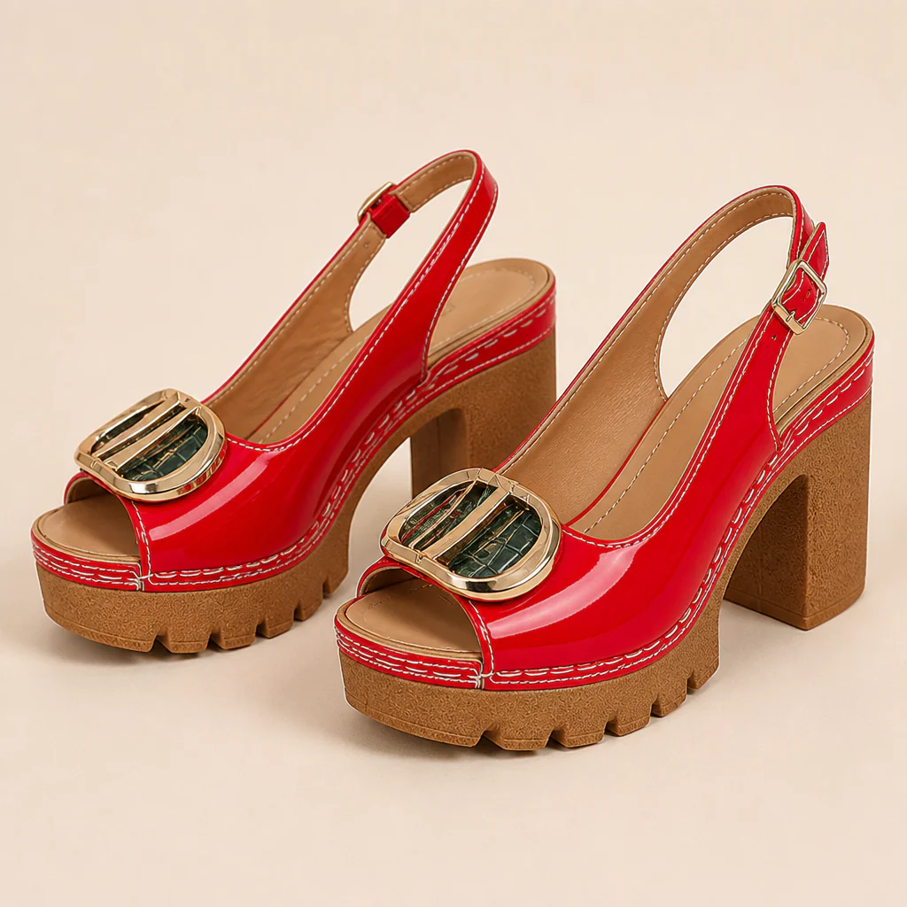 VivaStride™ – Patent Peep-Toe Block Heel Sandals with Statement Gold Buckle - Image 3