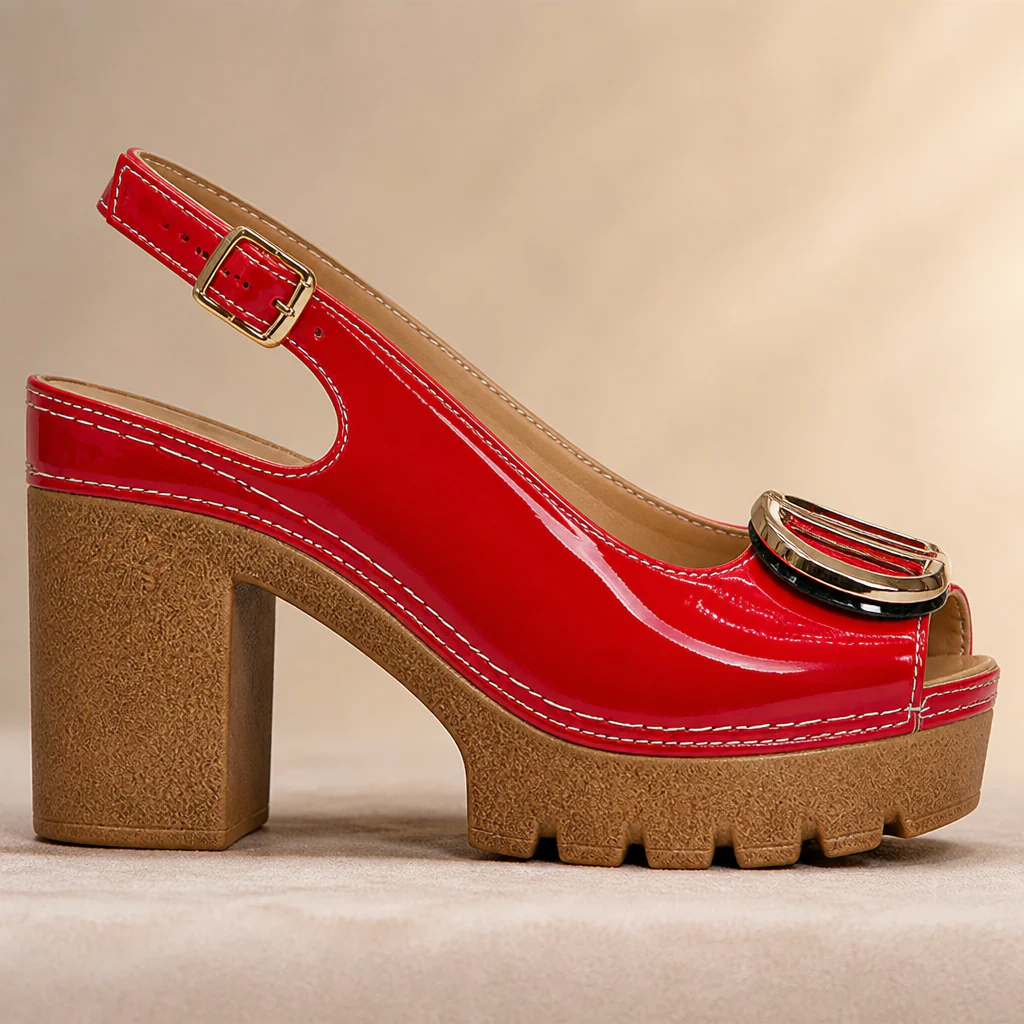 VivaStride™ – Patent Peep-Toe Block Heel Sandals with Statement Gold Buckle - Image 5
