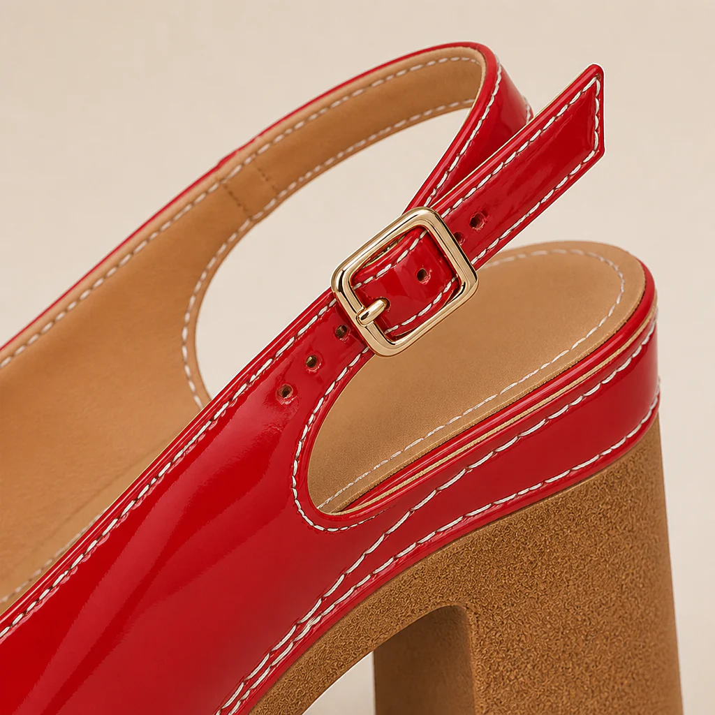 VivaStride™ – Patent Peep-Toe Block Heel Sandals with Statement Gold Buckle - Image 6
