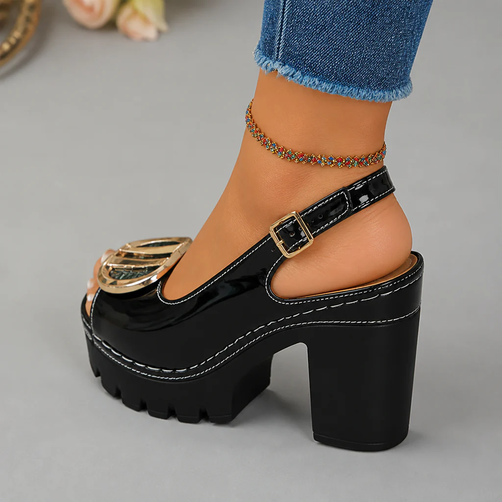 VivaStride™ – Patent Peep-Toe Block Heel Sandals with Statement Gold Buckle - Image 8