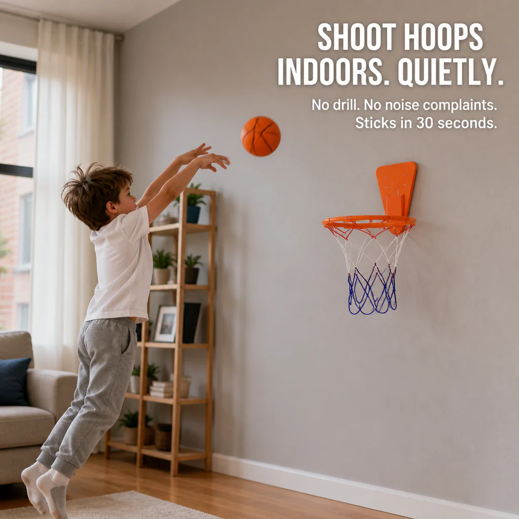 VoltRise™ — Stick, Aim, Score: Silent Indoor Basketball Without a Single Drill Hole