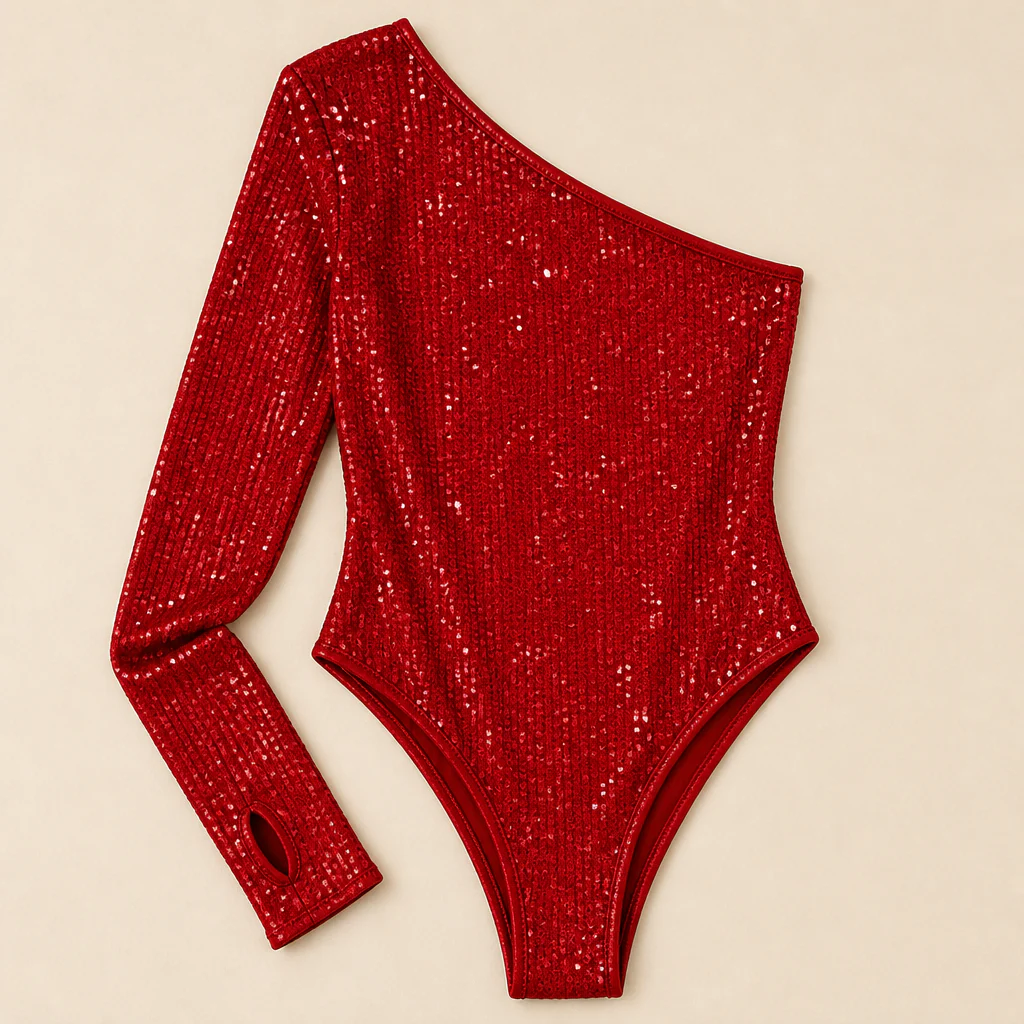Stellara™ – Shimmering One-Shoulder Bodycon Bodysuit with Thumbhole Cuff - Image 12