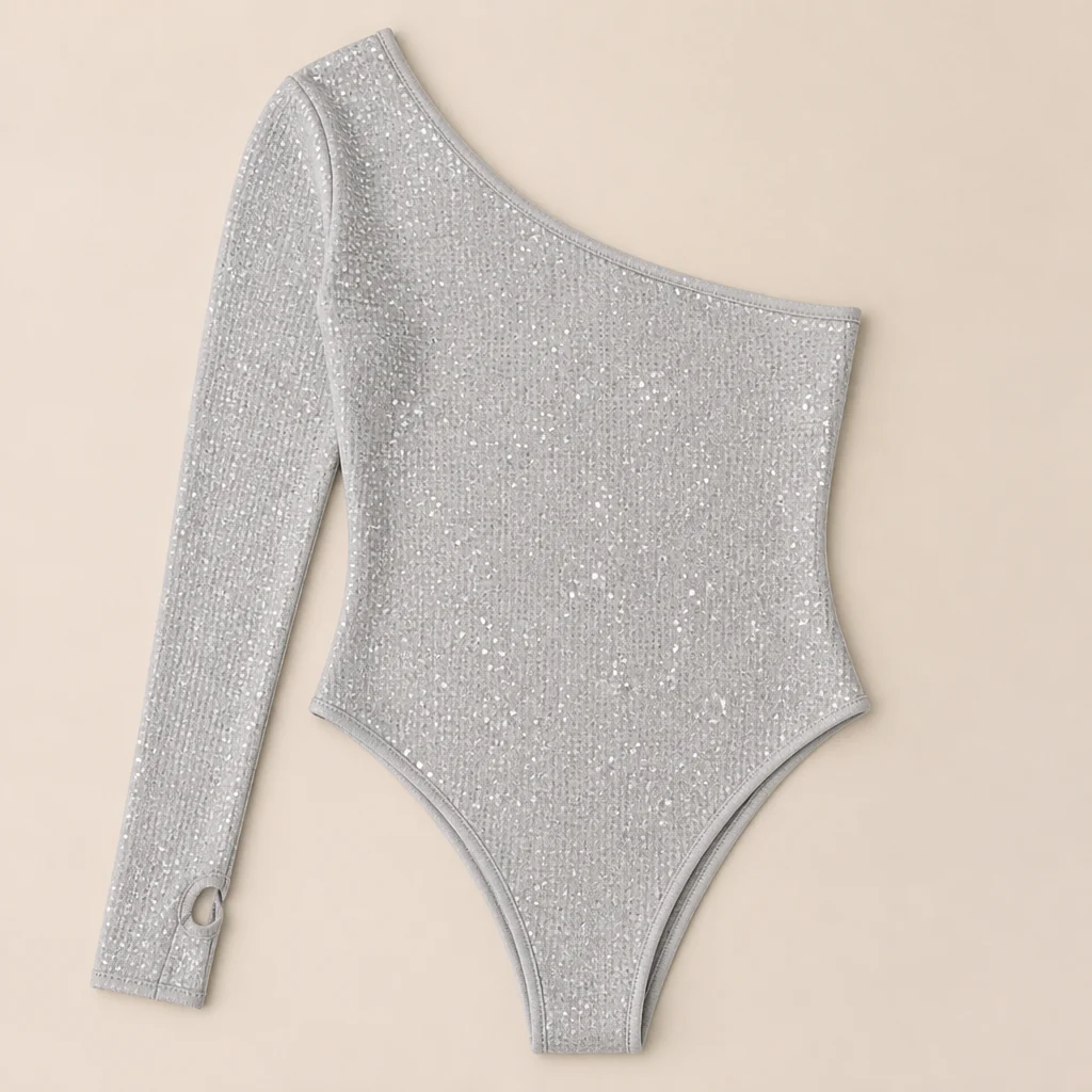 Stellara™ – Shimmering One-Shoulder Bodycon Bodysuit with Thumbhole Cuff - Image 13