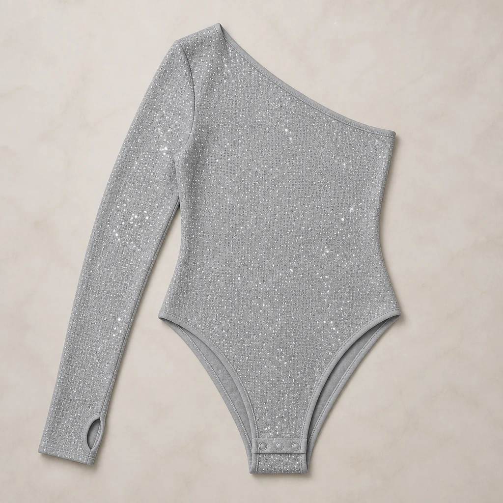 Stellara™ – Shimmering One-Shoulder Bodycon Bodysuit with Thumbhole Cuff - Image 4