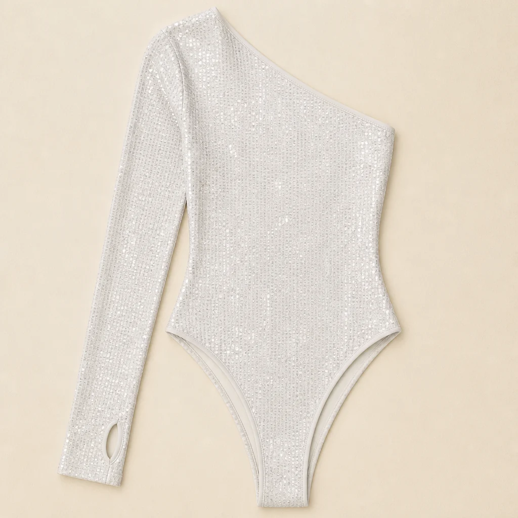 Stellara™ – Shimmering One-Shoulder Bodycon Bodysuit with Thumbhole Cuff - Image 9