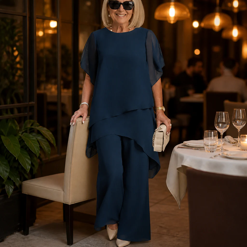 ZephyraFlex™ – Elegant Asymmetrical Chiffon Top & Wide-Leg Pants Set - Image 2