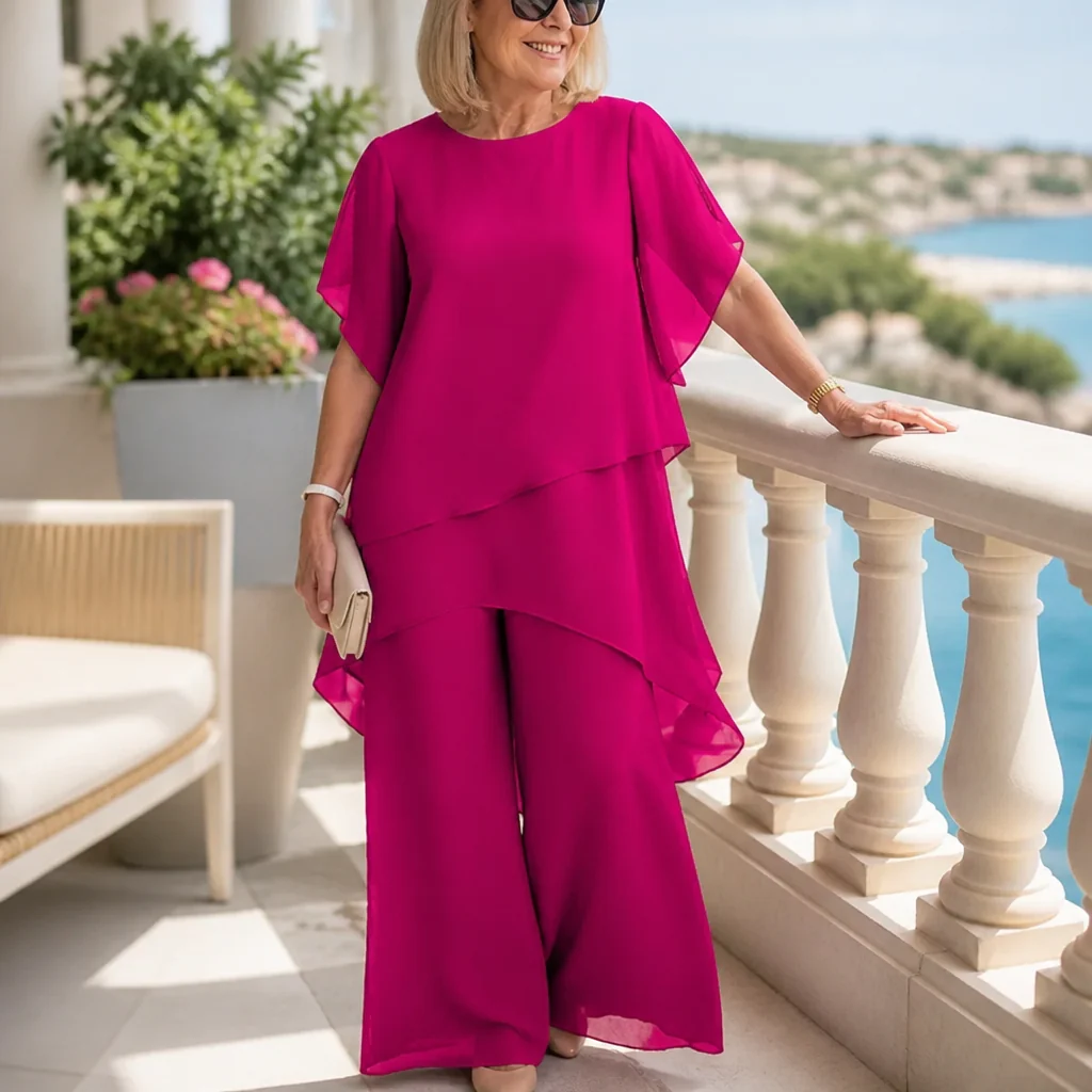 ZephyraFlex™ – Elegant Asymmetrical Chiffon Top & Wide-Leg Pants Set - Image 3