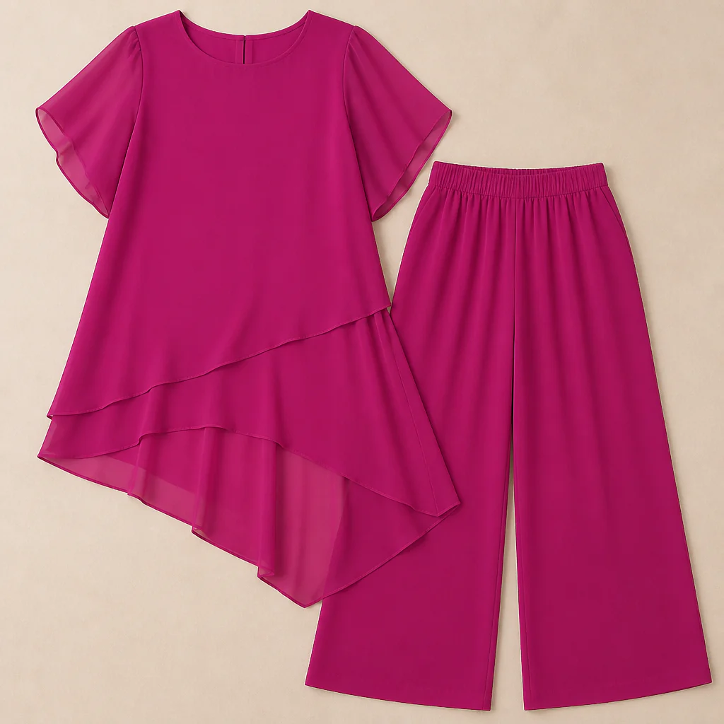 ZephyraFlex™ – Elegant Asymmetrical Chiffon Top & Wide-Leg Pants Set - Image 4