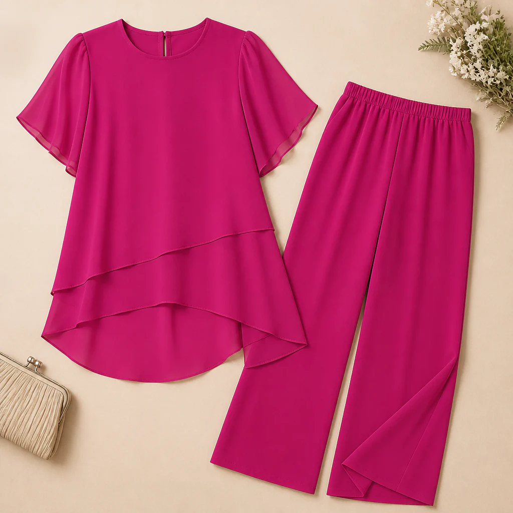 ZephyraFlex™ – Elegant Asymmetrical Chiffon Top & Wide-Leg Pants Set - Image 9
