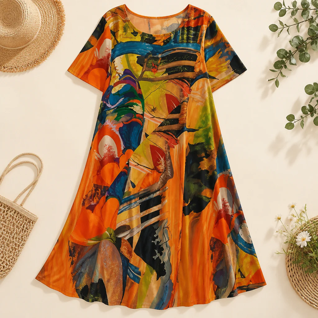 ZephyraWave™ – Flowy Bohemian Abstract Print Summer Dress - Image 10